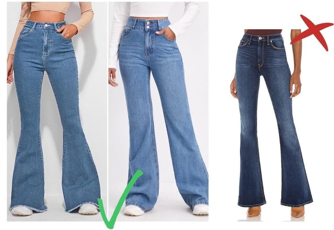 Какой длины должны быть прямые джинсы. Длинные джинсы. Джинсы клёш женские. Джинсы широкий клеш от колена. Правильная длина женских джинс.