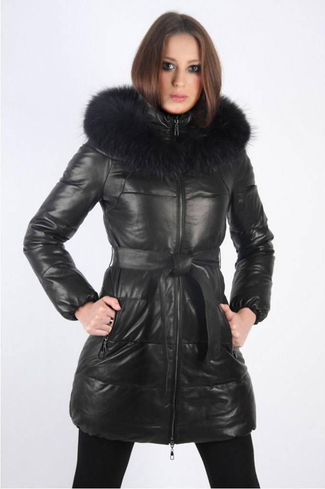 Кожаные пуховики женские, короткие с мехом чернобурки и капюшоном на зиму, длинные черные куртки утепленные с бурой норкой