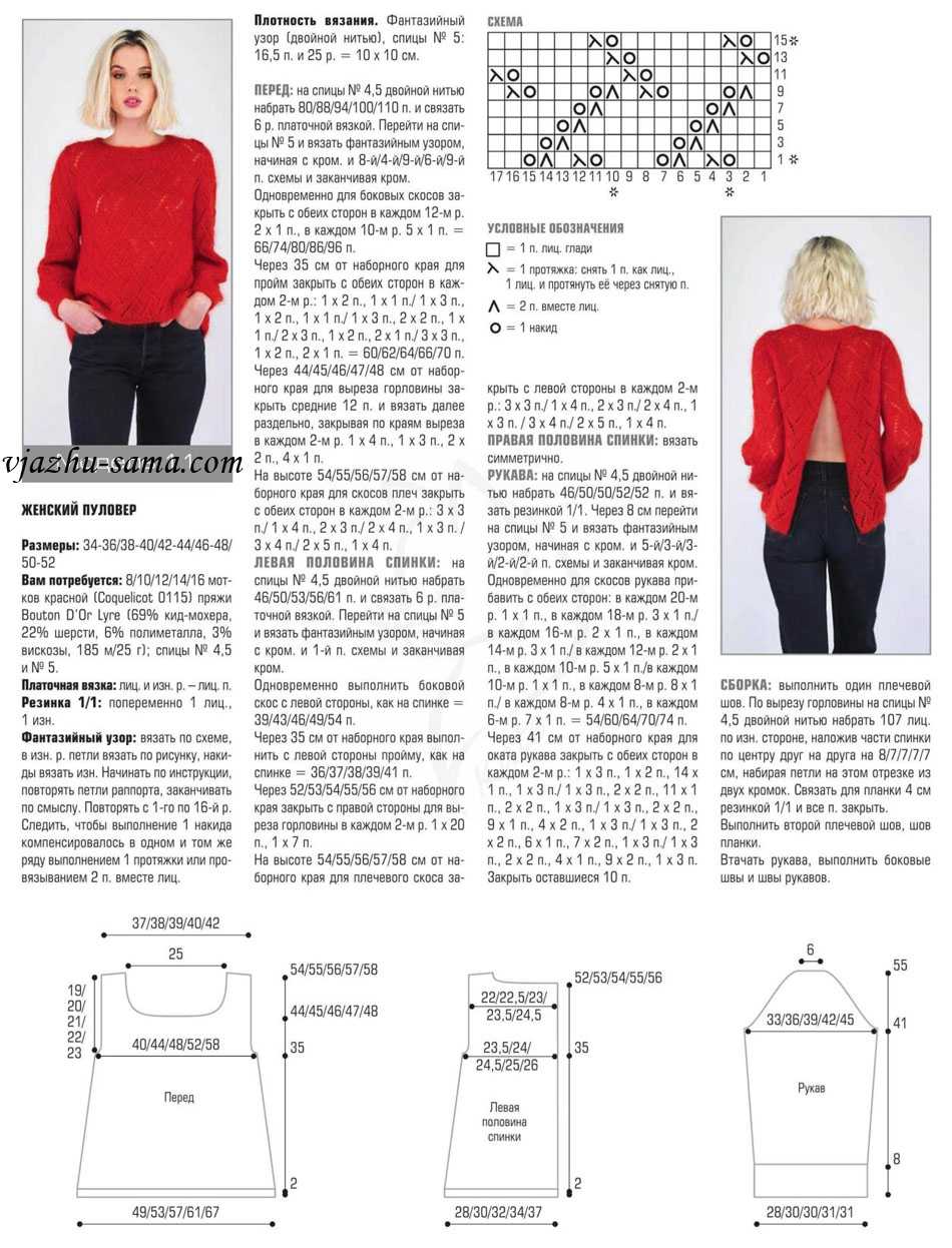 Свитер женский вязаный спицами с описанием и схемой 46 размер