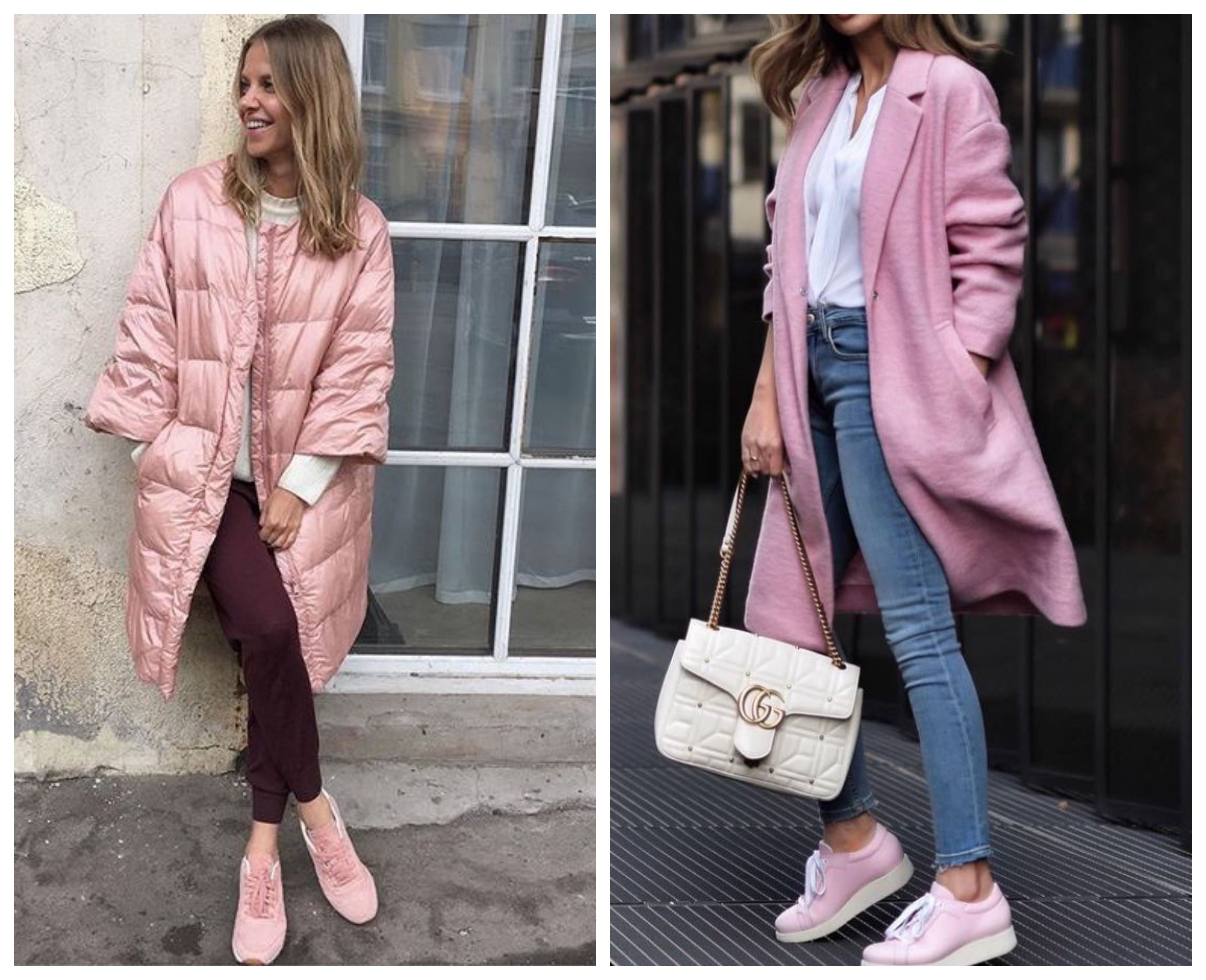 Кроссовки с розовым пальто
