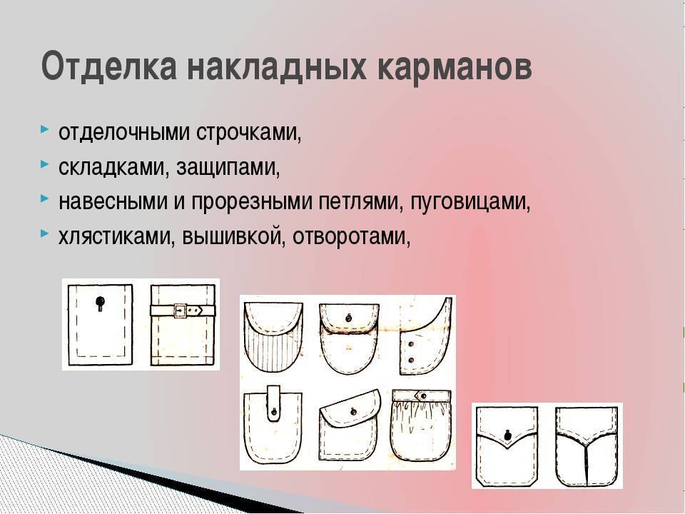 Обработка накладного кармана в женской и мужской одежде