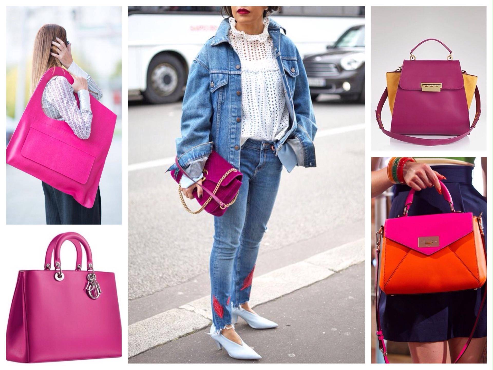 Какая сумка подходит к любой одежде. Ярко розовая сумка. Сумка цвета фуксии. Сочетание цветов в сумках. Образы с розовой сумкой.