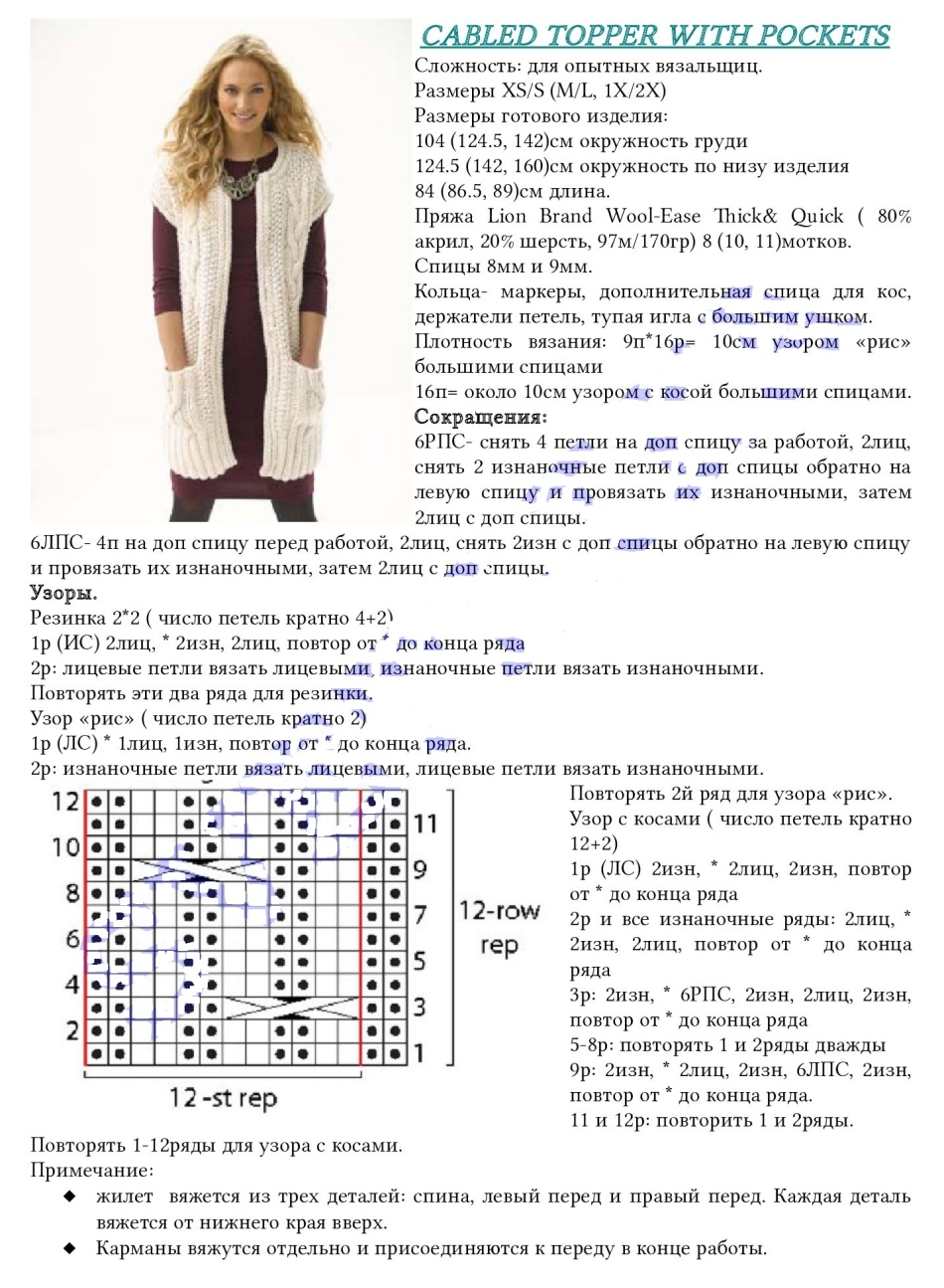 Схема и описание вязания спицами женского жилета 58 размера