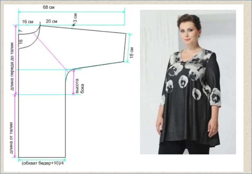 Простая выкройка туники для полных. Туника летняя выкройка. Крой туники большого размера.