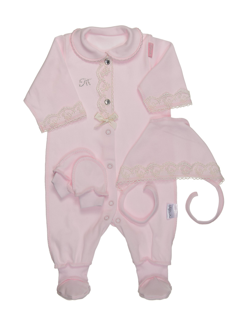 Костюм детские розовые. 1131 Комбинезон ТРИЯ розовый. Комплект ТРИЯ интерлок (комбинезон, распашонка, чепчик) выписка. Одежда для новорожденных девочек. Комплект одежды для новорожденных.