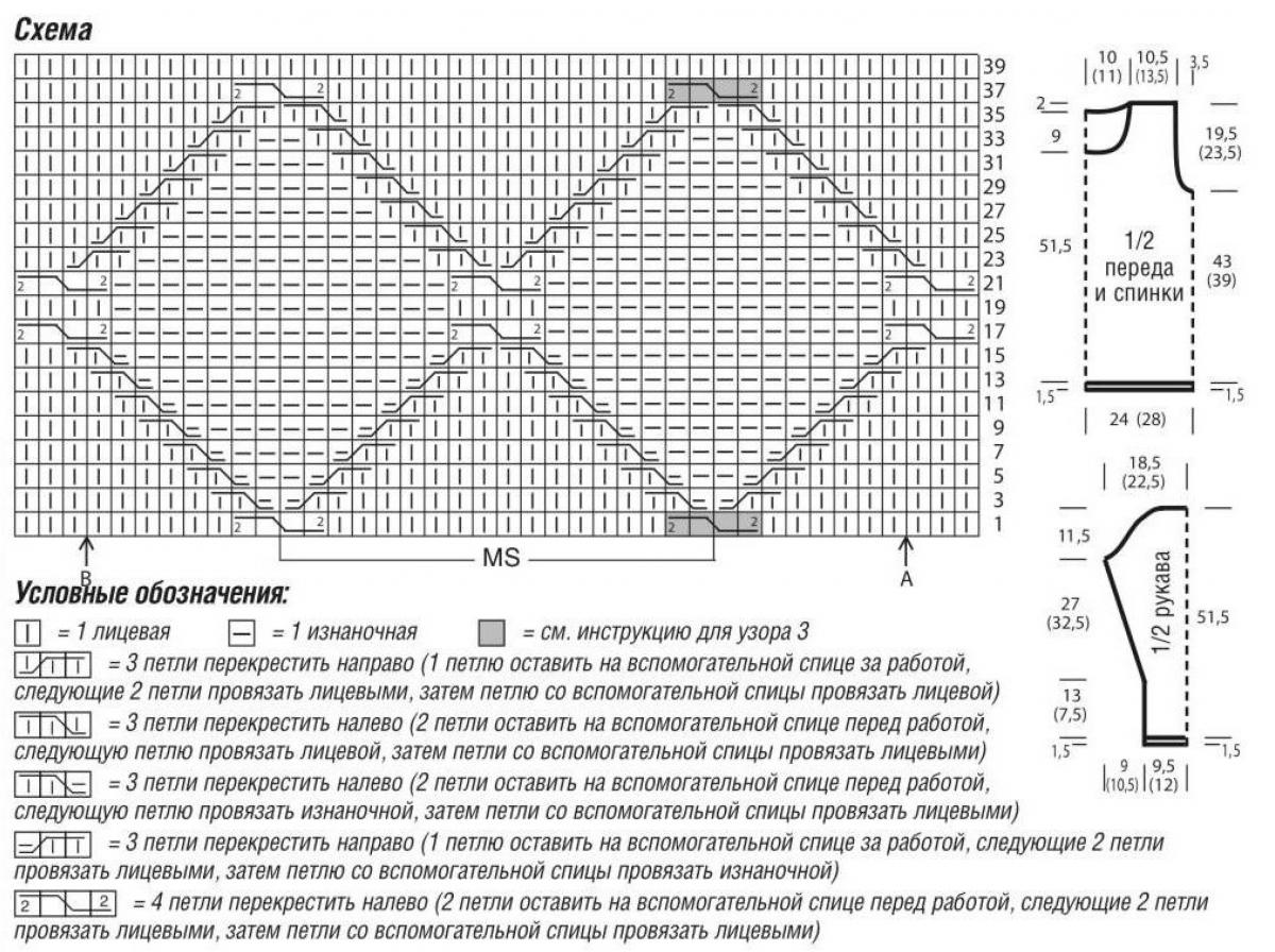 Пуловер с ромбами спицами схема и описание